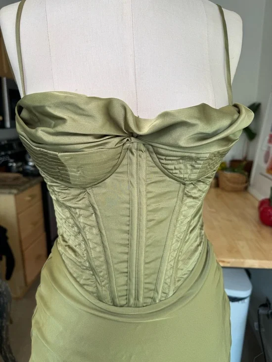 House of CB Olive Green Satin Corset Midi Dress - Picture 4 of 8